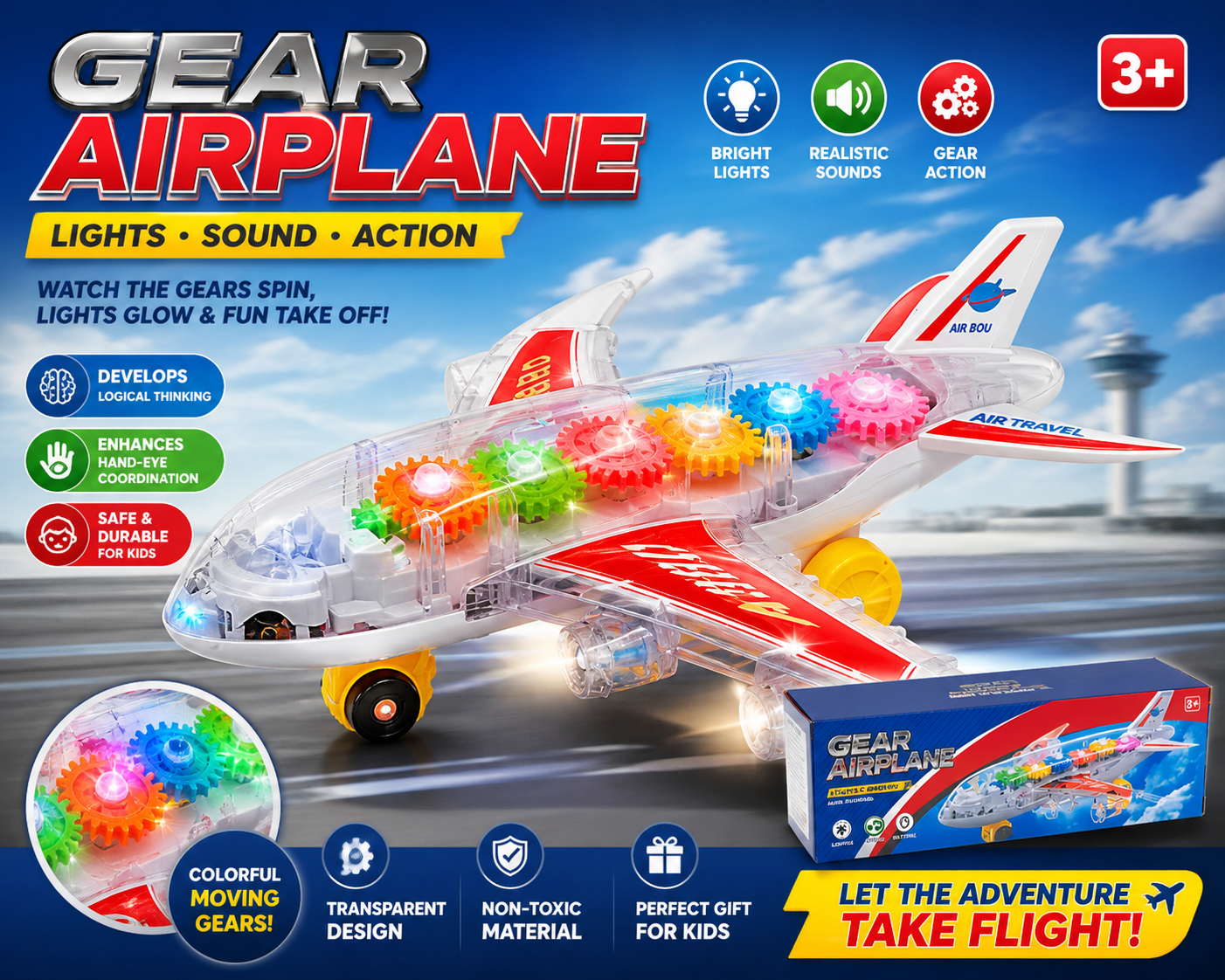 Gear Airplane Toy with Lights & Sound | Transparent Moving Gear Plane for Kids